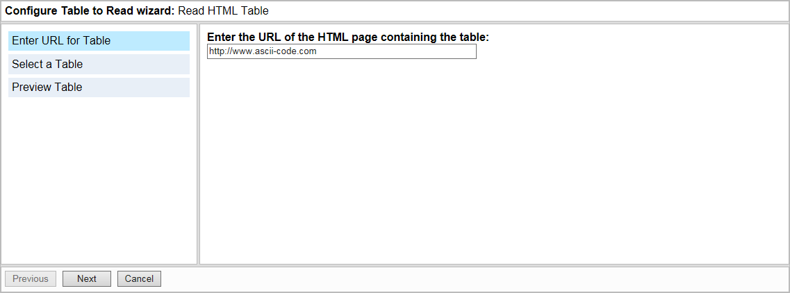 Enter URL for Table.