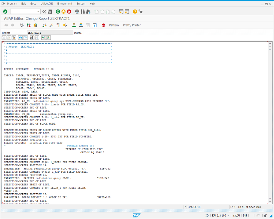 ABAP Editor: Change Report screen.
