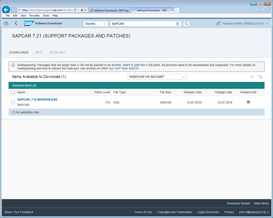 Software Downloads screen (SAPCAR).