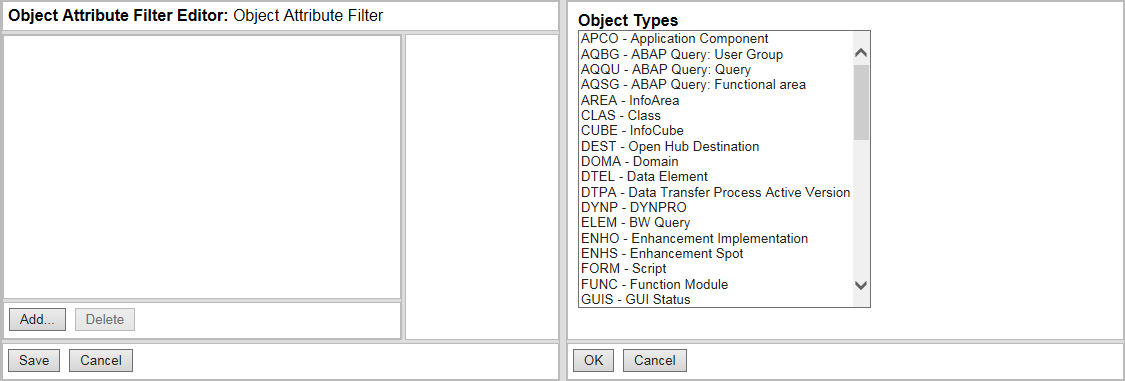 Object Attribute Filter Editor object types.