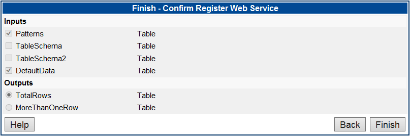 Finish - Confirm Register Web Service screen.