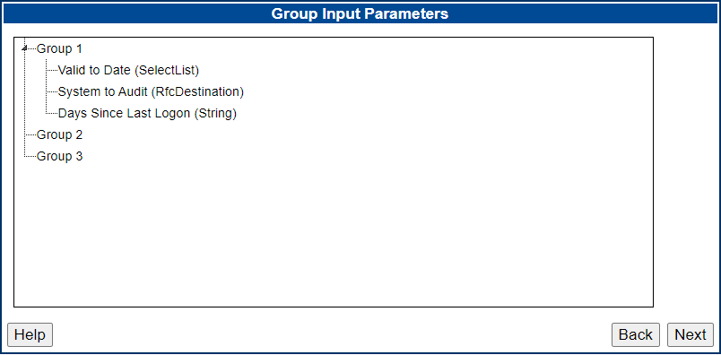 Group Input Parameters screen.