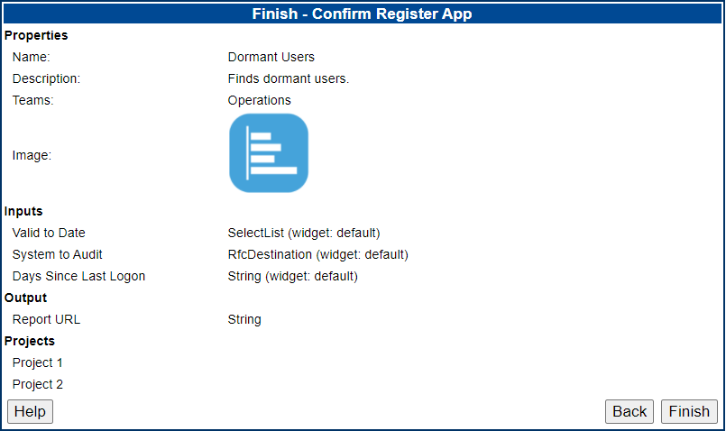 Finish - Confirm Register App screen.